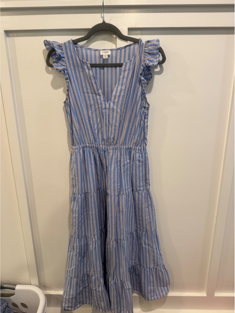 J.Crew Blue Striped Tiered Midi Dress Ruffle Flutter Sleeve Pockets Size 00
